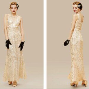 Babeyond Sheer Scoop Neck Sequin Cocktail Dress Champagne Flapper